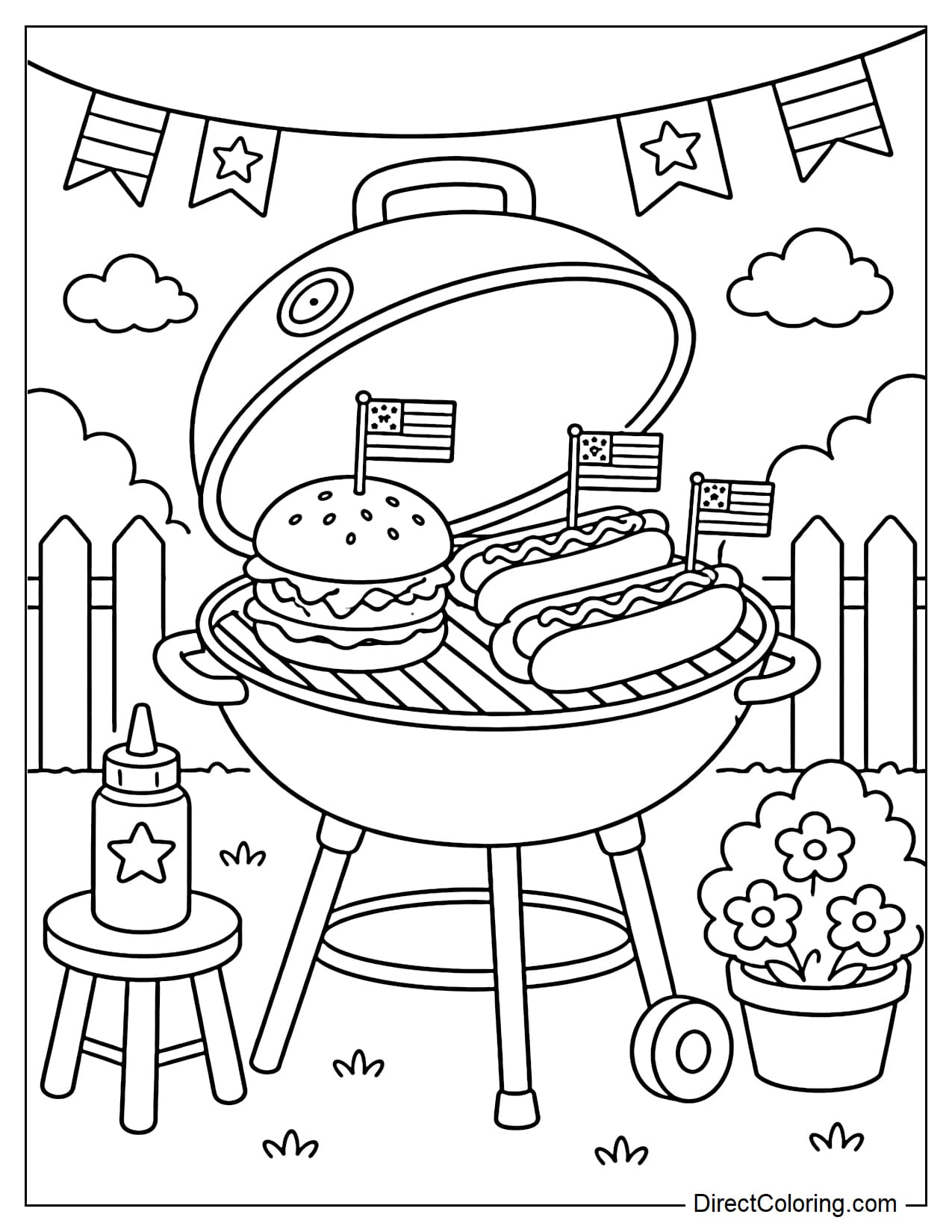 An outdoor barbecue with hamburgers, hot dogs, and a few small American flags stuck on the food.