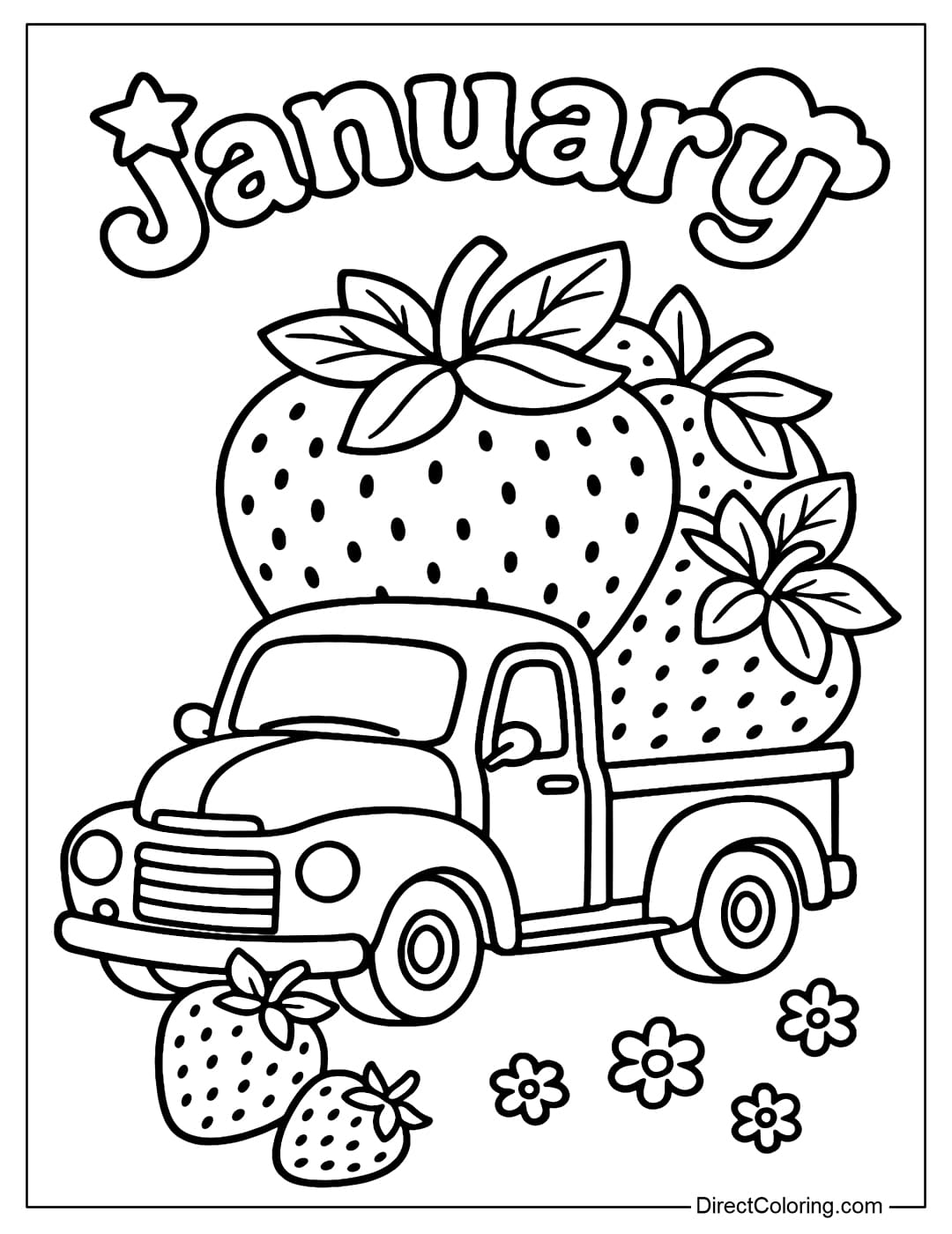 Coloring page with a classic truck carrying a giant mountain of strawberries in January.