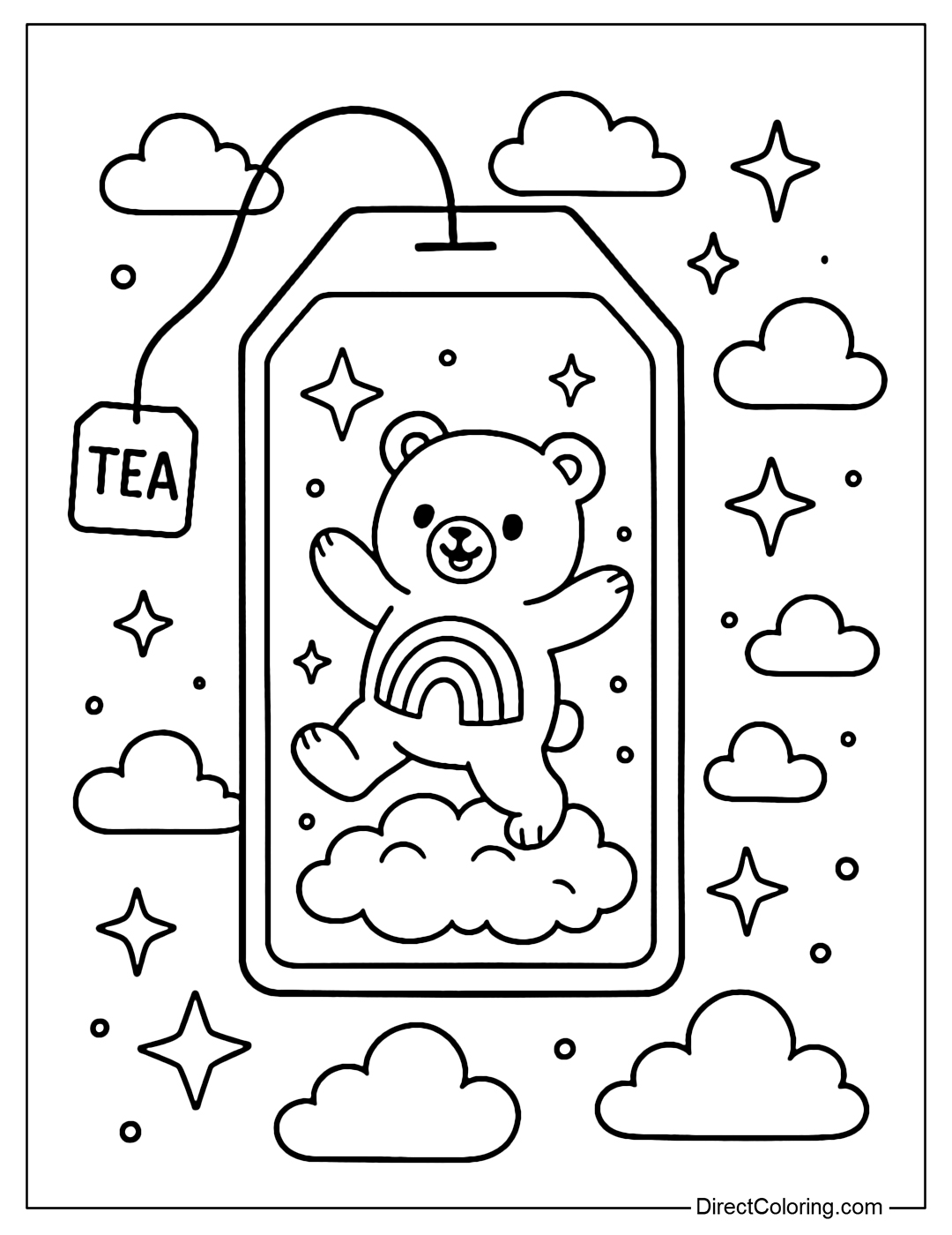 Tea bag coloring page with a rainbow bear jumping on a small fluffy cloud and sparkling stars.