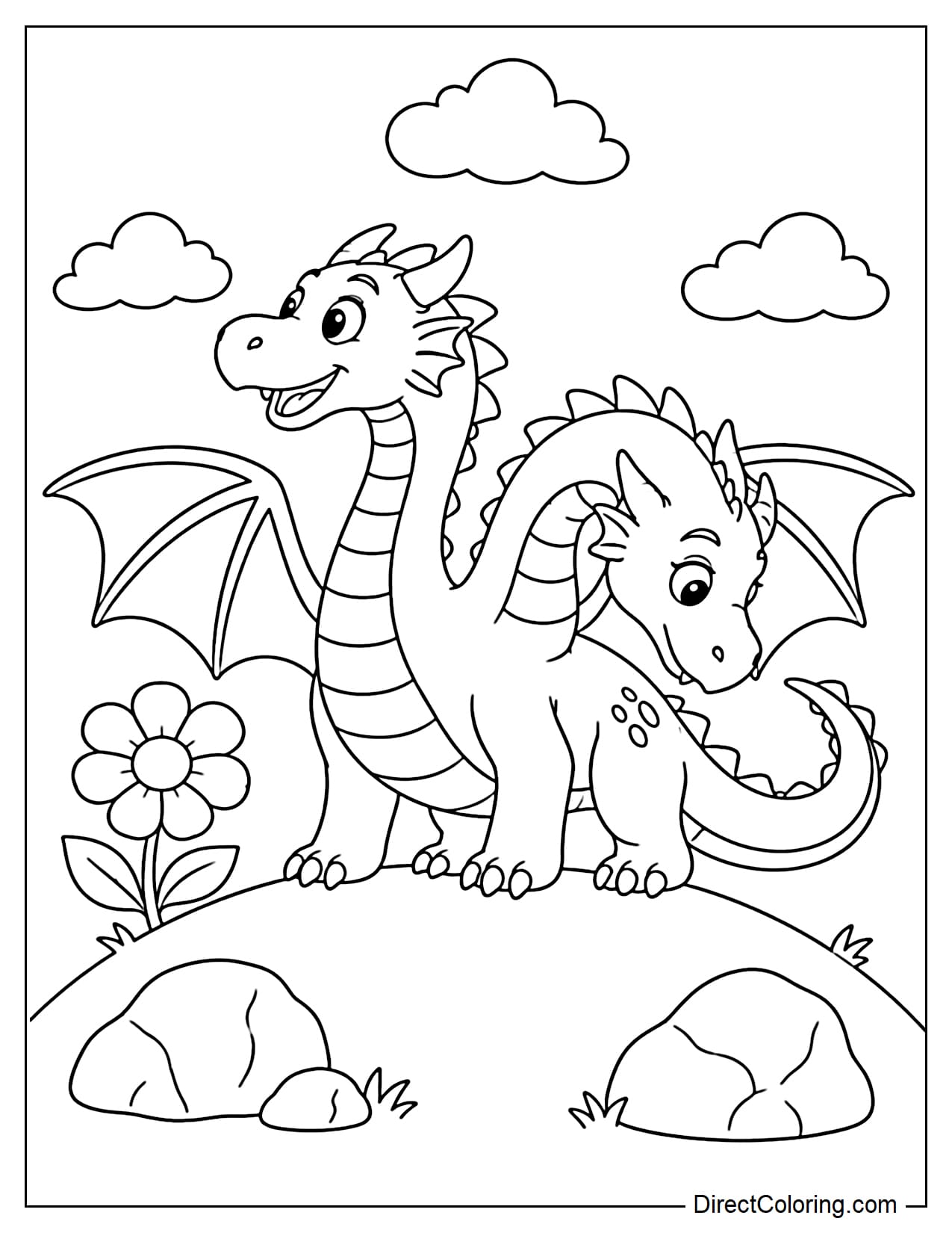 A two-headed dragon is standing on a round hill, with its two heads facing different directions. One head is smiling and looking up at the sky, while the other is bending down to look at a large flower.