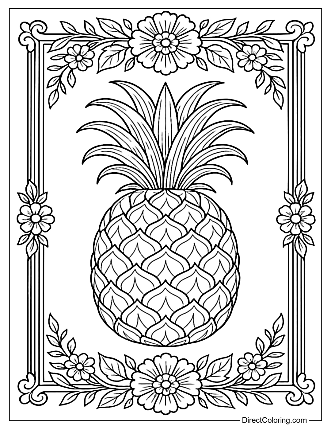 Vintage picture frame coloring page with floral border, with pineapple in the center.