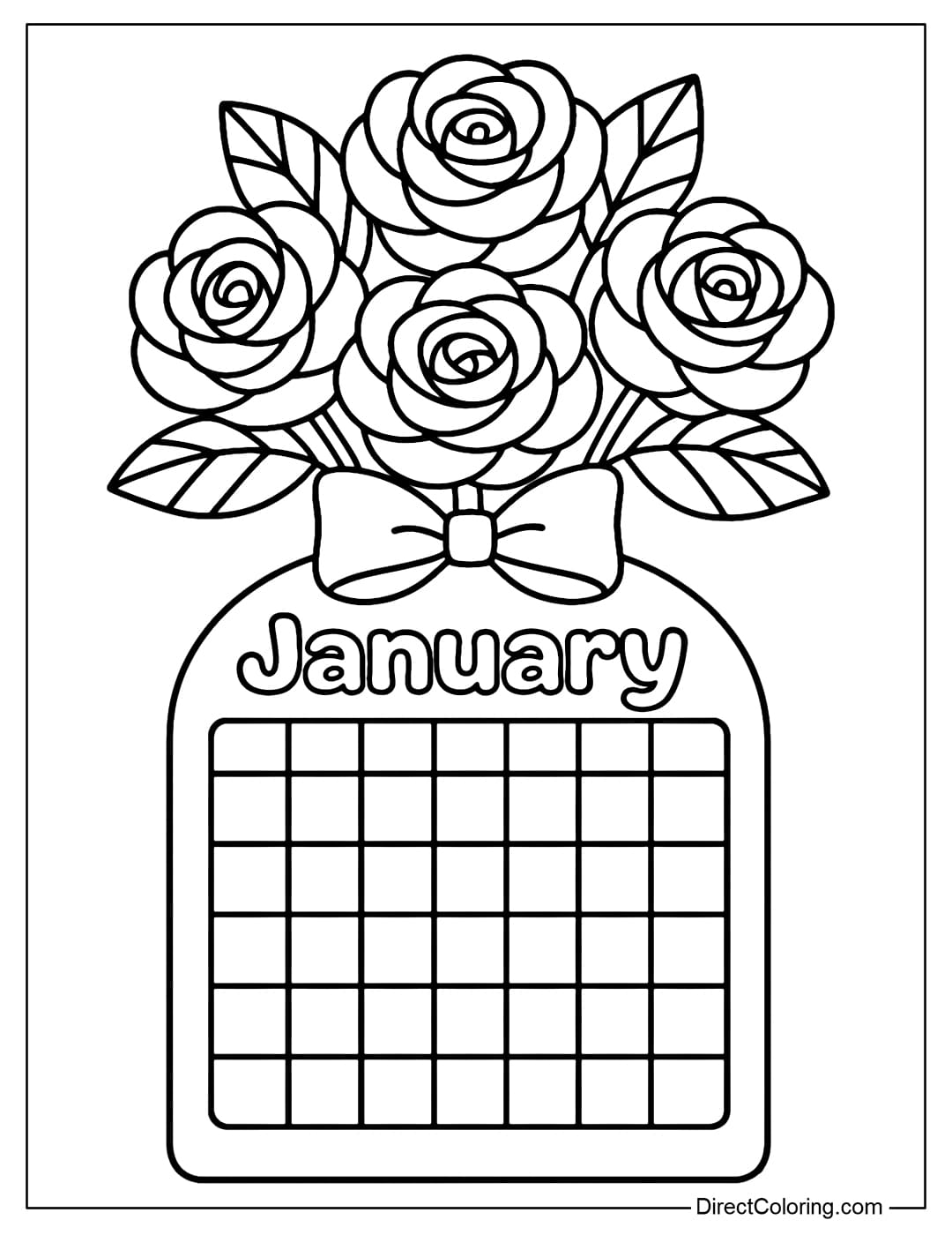 January&nbsp;calendar coloring page features a rounded calendar frame at the bottom and a large bouquet of roses at the top.