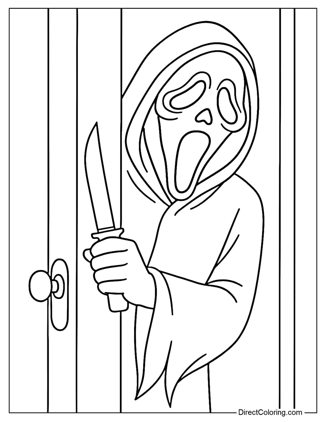 Ghostface Mask Coloring Page Ghostface character coloring page with a long white mask, holding a knife, hiding behind a half-open door in a dark house.