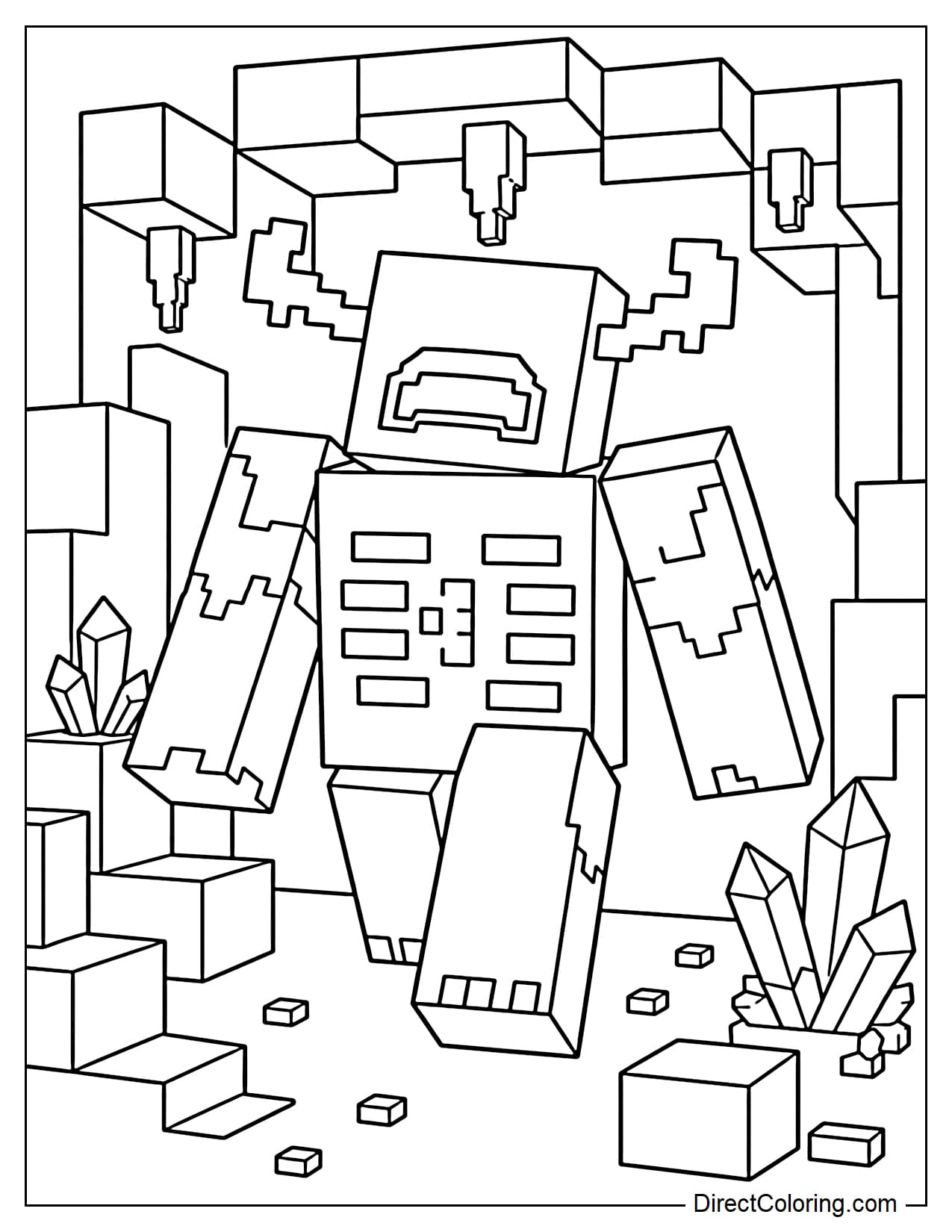 The Warden emerges from the Deep Dark with a large, powerful appearance, surrounded by a few stone blocks and simple crystal formations.
