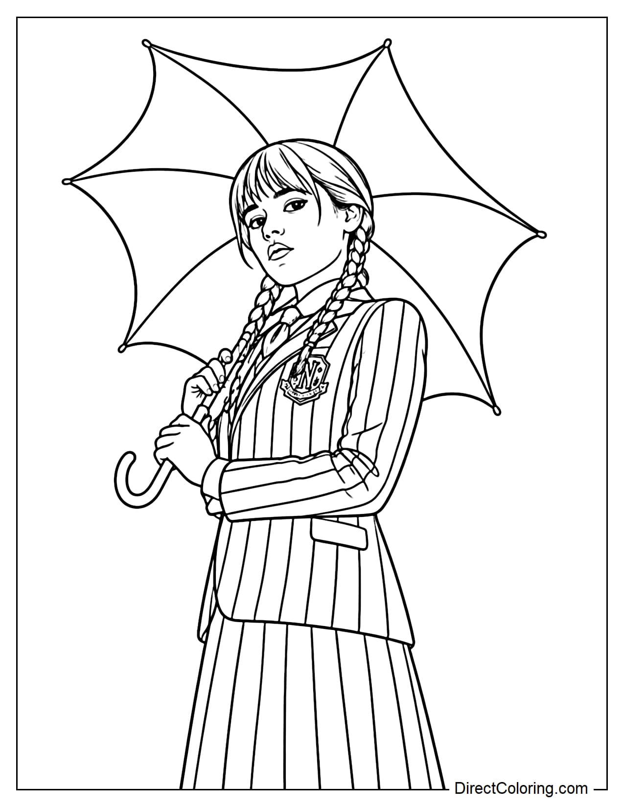 Wednesday wears her Nevermore uniform with her hair styled in two braids, holding an umbrella with both hands while looking downward.