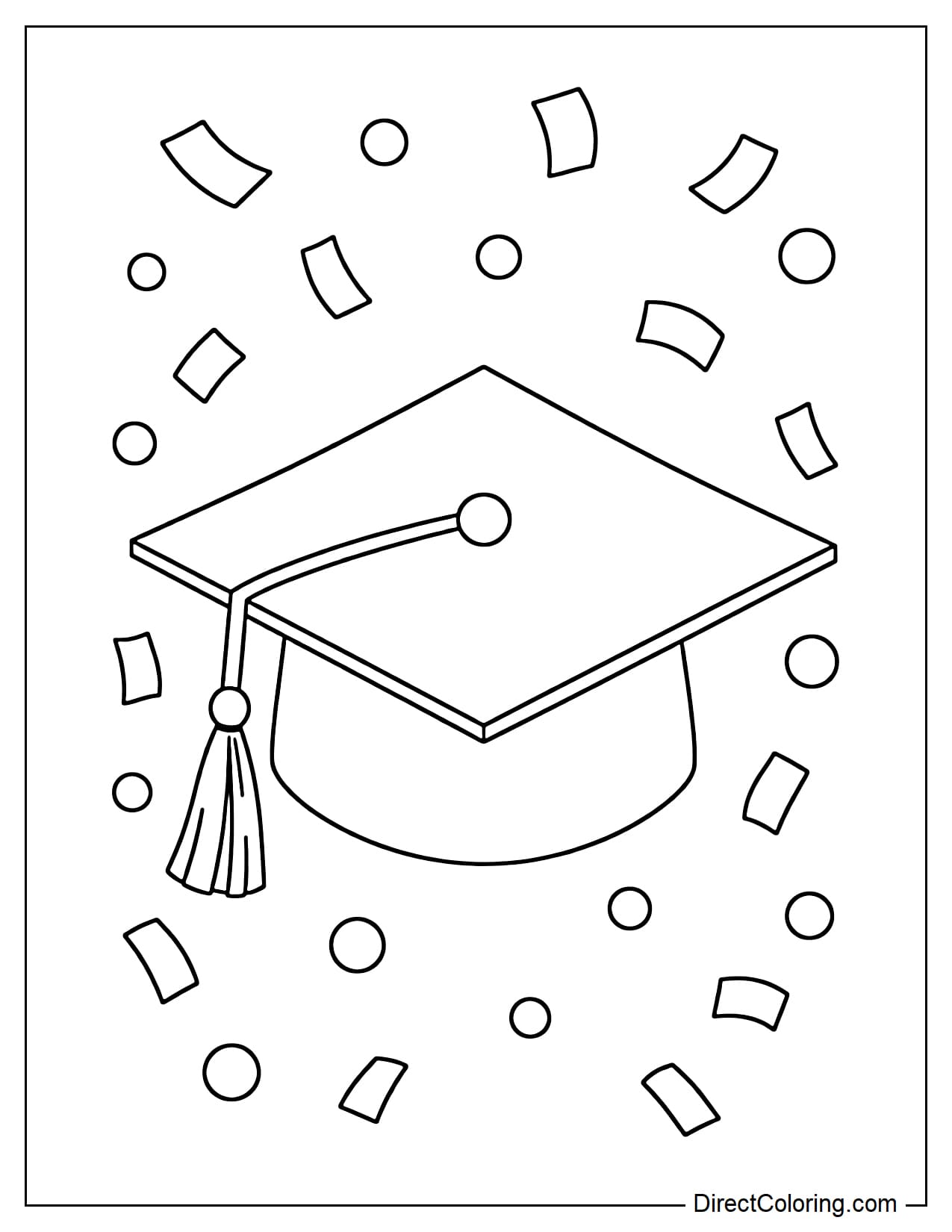 A large graduation cap surrounded by confetti and simple circles.