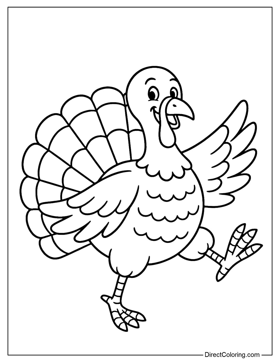 A happy dancing turkey coloring page, wings spread, legs kicking up as if dancing happily.