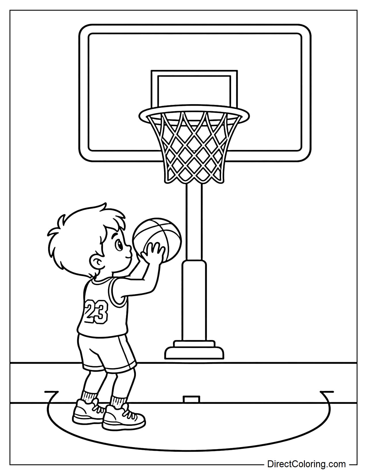 A young player stands at the free throw line preparing to drop the ball, focused, with a backboard and large rim in front.