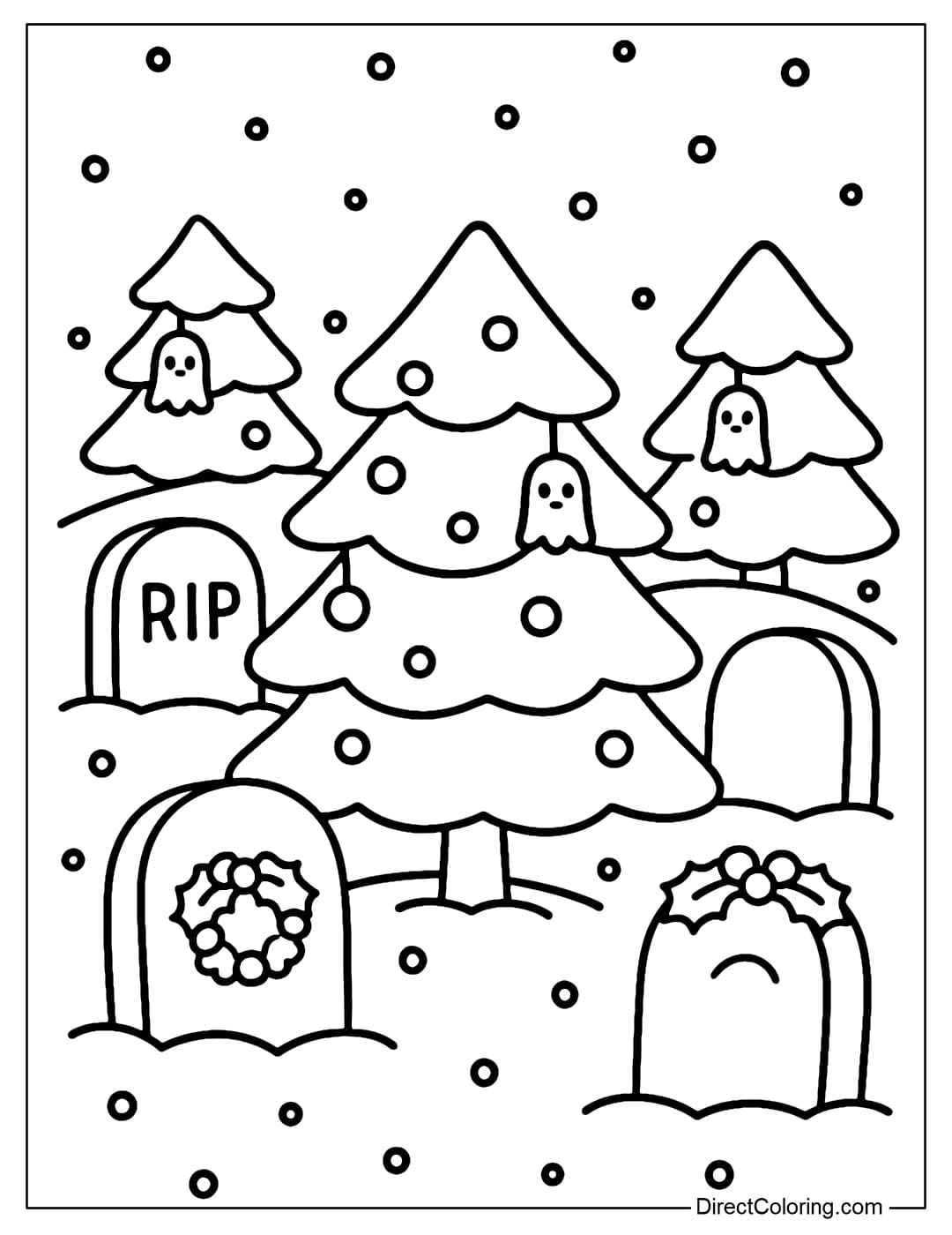 Coloring page of a snow-covered cemetery where Christmas trees grow among the gravestones, decorated with ghost lights and holly wreaths.