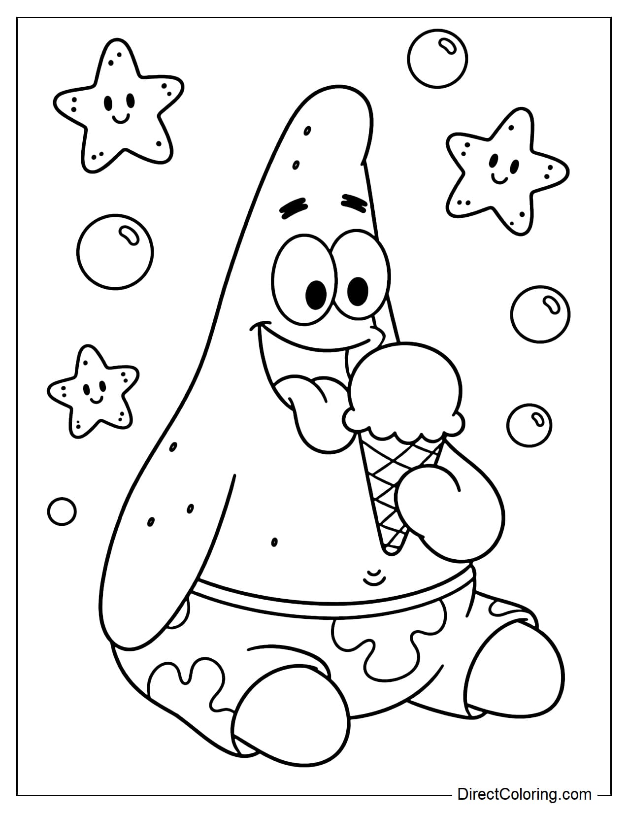 Patrick is sitting and eating ice cream with an adorable, goofy expression, surrounded by small starfish and bubbles.