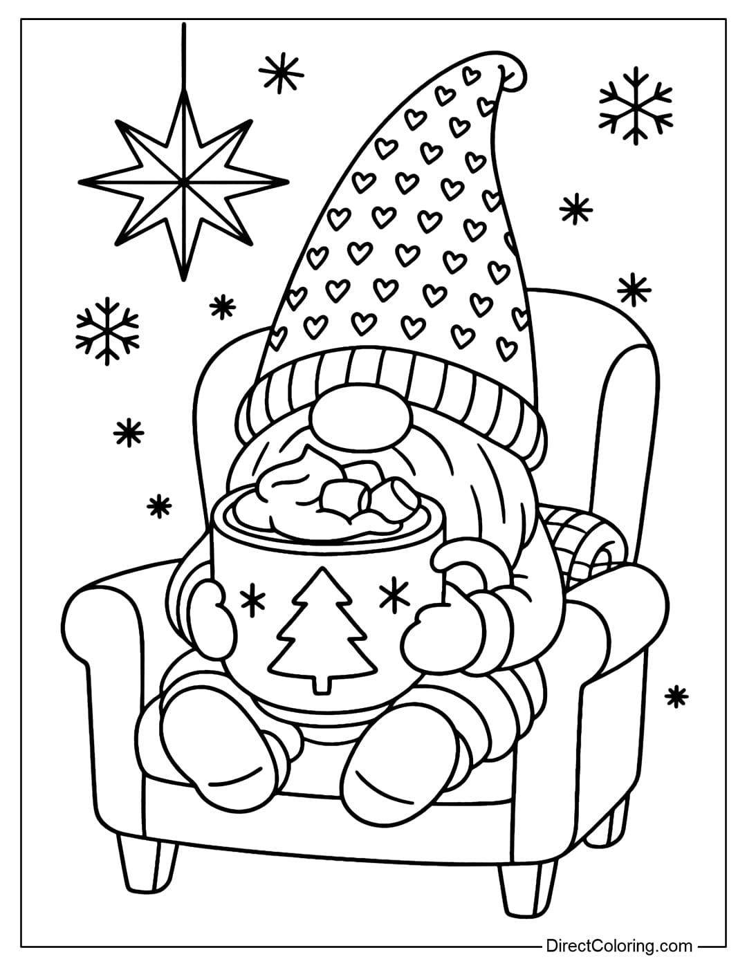 A coloring page of a gnome sitting in an armchair with a folded woolen blanket, holding a cup of hot cocoa with a Christmas tree and star pattern.