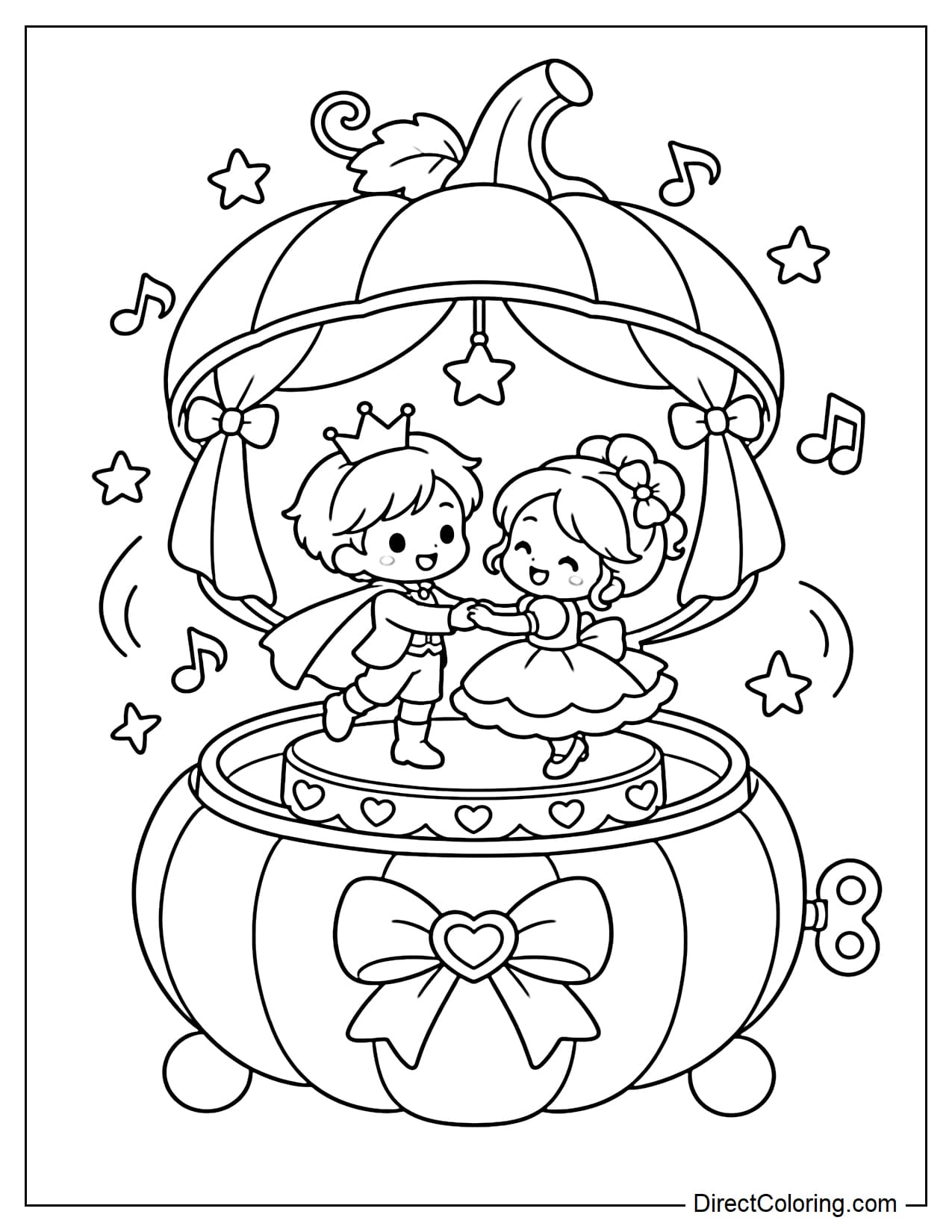 An open pumpkin-shaped music box with two tiny characters twirling on a miniature stage inside, surrounded by musical notes and stars.