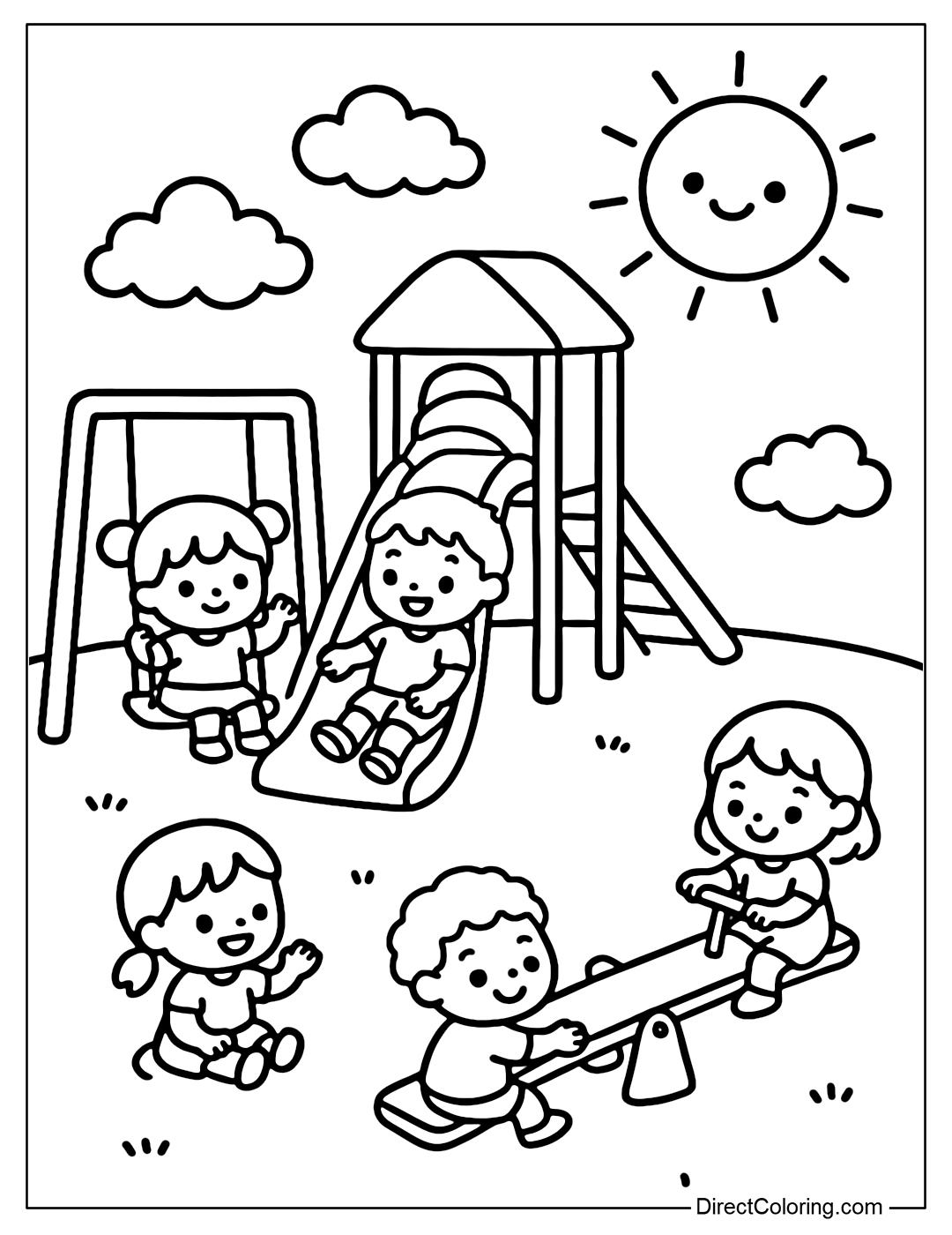 A coloring page of a school playground with kids playing on a slide, swings and seesaw under a beautiful sunny sky.
