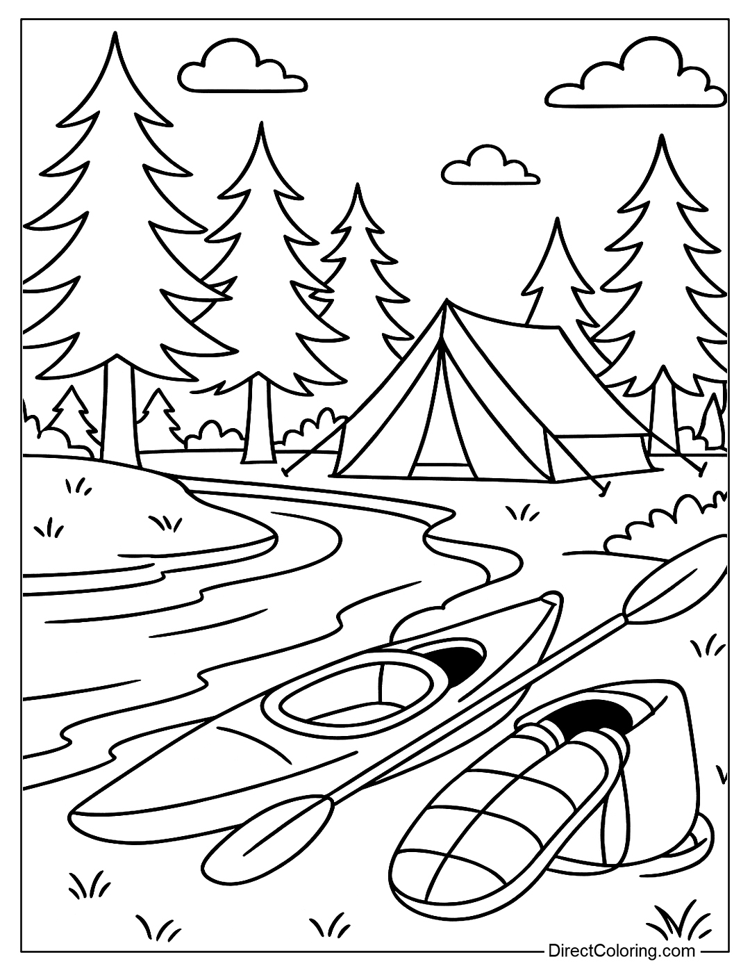 a coloring page of a kayak near a tent by the river
