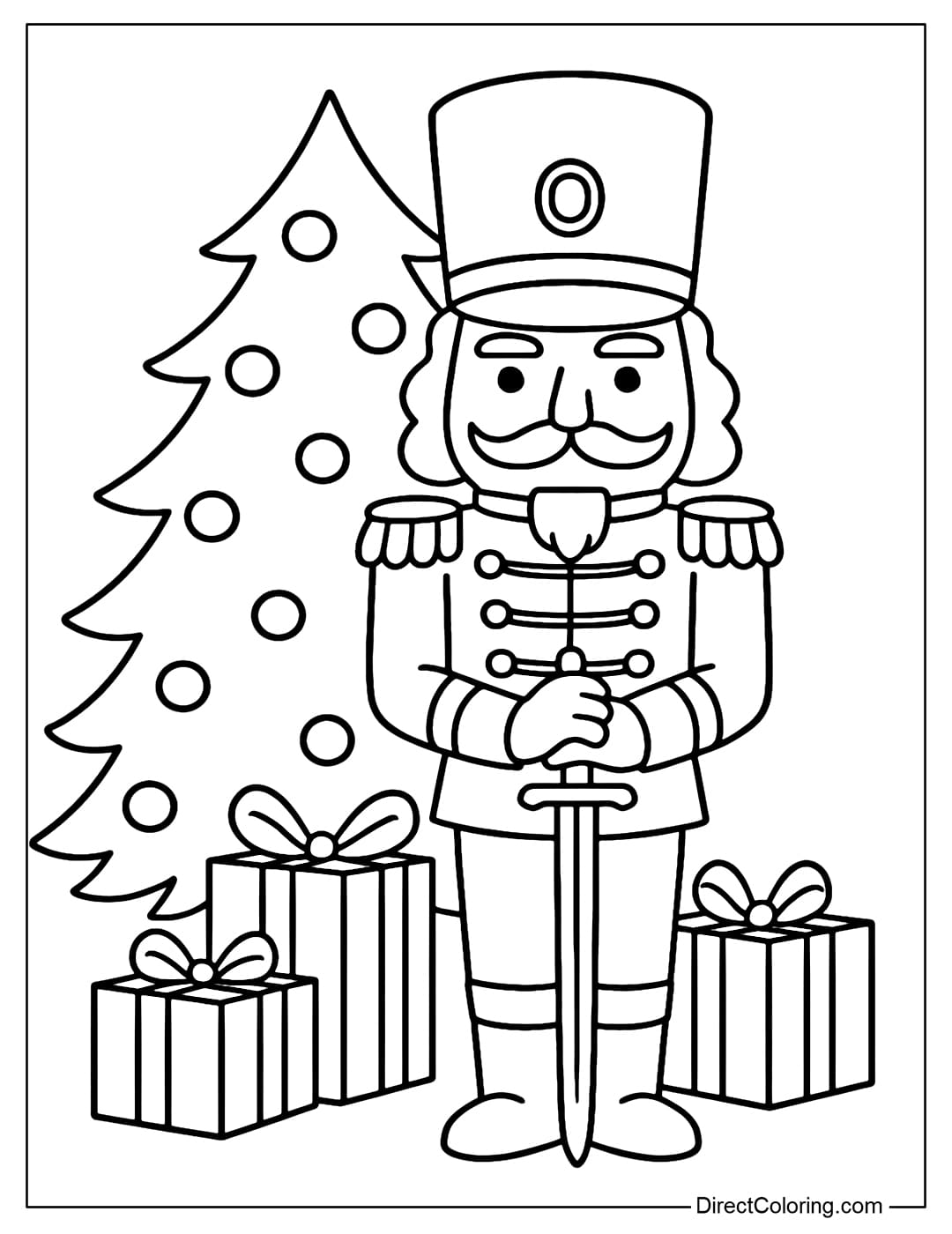 Coloring page of a chestnut soldier standing solemnly in a traditional military uniform, wearing a tall hat, holding a shiny sword, with a Christmas tree behind him.