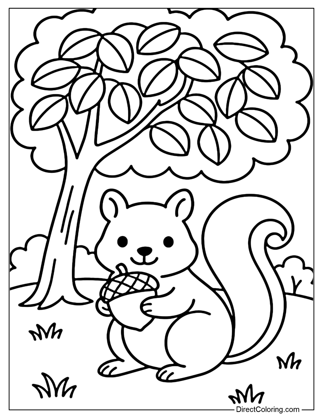 Coloring page of a squirrel holding an acorn under a yellow tree, a peaceful atmosphere in the middle of nature.