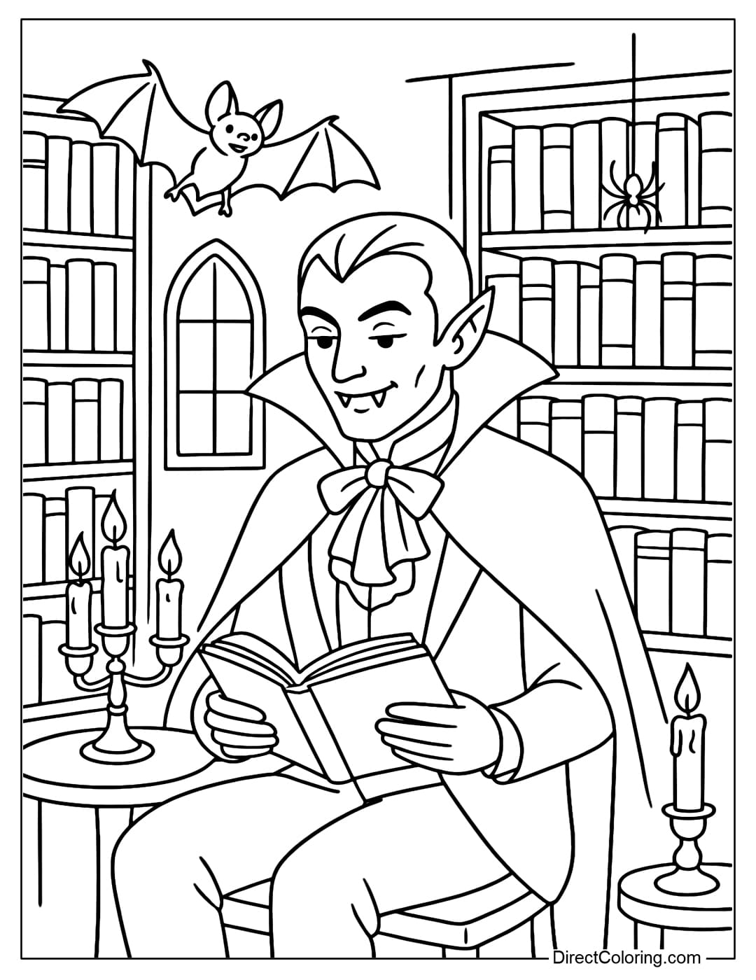 Vampire Reading Book Coloring Page Coloring page of a vampire sitting reading a book in an old library, surrounded by candles, bats and tall bookshelves.
