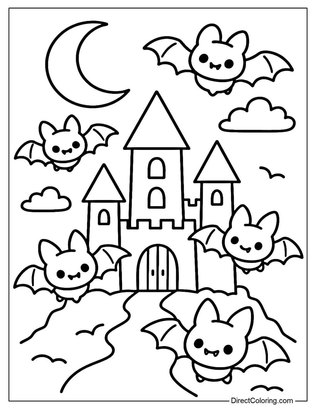 A coloring page of several bats flying around a haunted castle in the distance, with a crescent moon in the background.