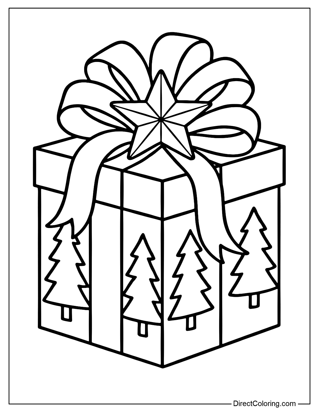 A square gift box coloring page with a Christmas tree pattern, a soft, curved bow, and a star in the middle of the bow.