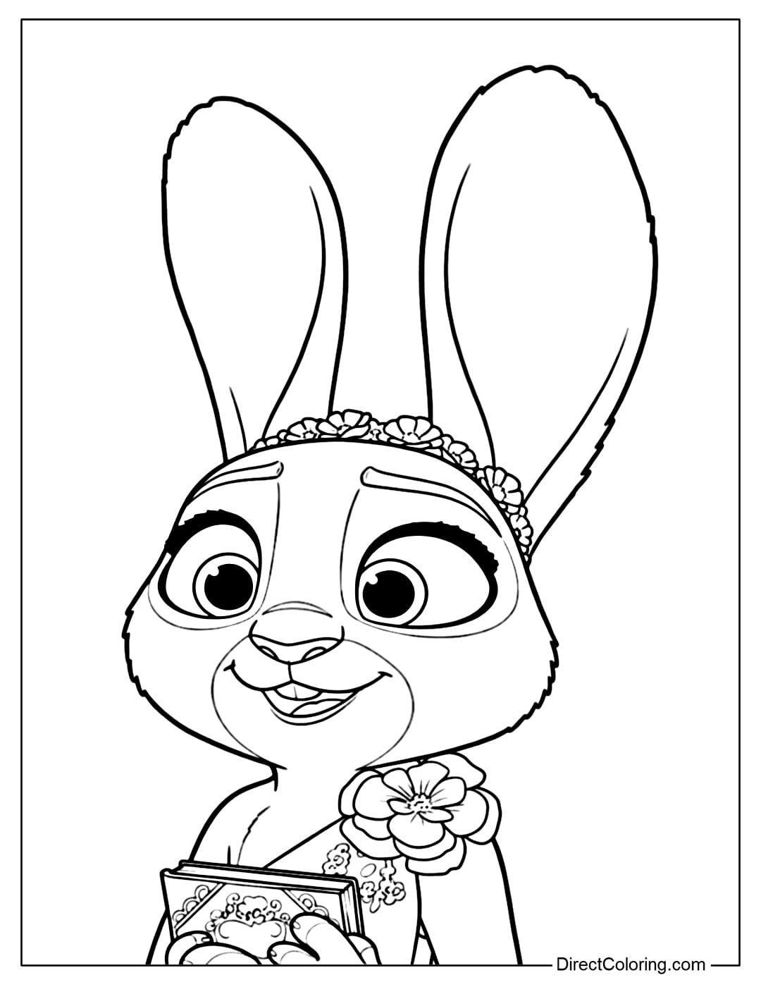 A coloring page of Judy Hopps with her cute big round eyes, gentle smile, and flower crown on her head.