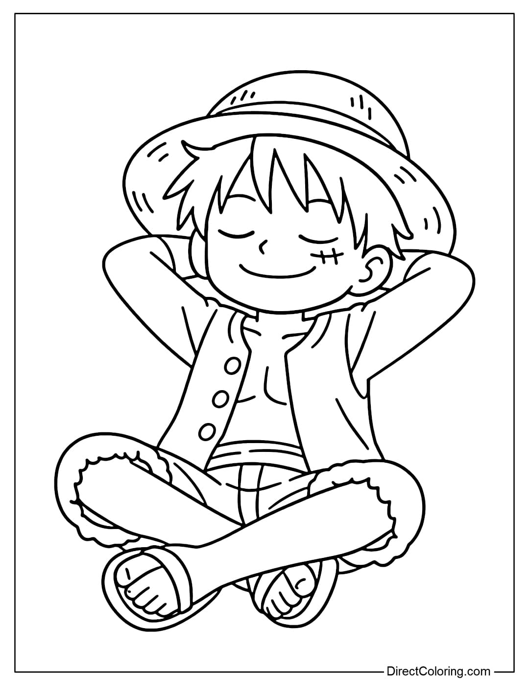 Monkey D Luffy sitting relaxed with a slight smile, a simple image, easy to color.