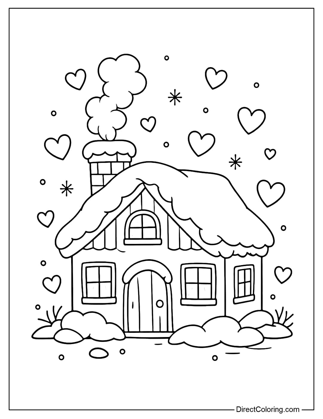 A coloring page of a small house with a chimney, windows, and surrounded by hearts and snow.