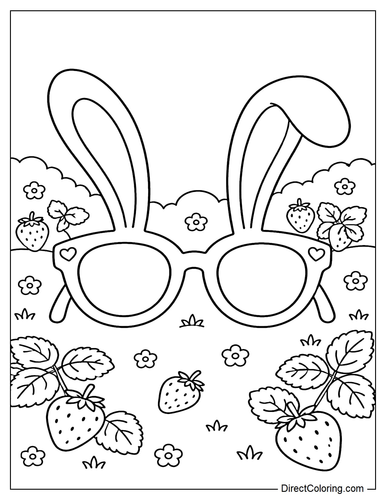 A pair of sunglasses with bunny ears, two long bunny ears attached to a simple frame, against a backdrop of a strawberry field with a few small strawberries and simple leaves.