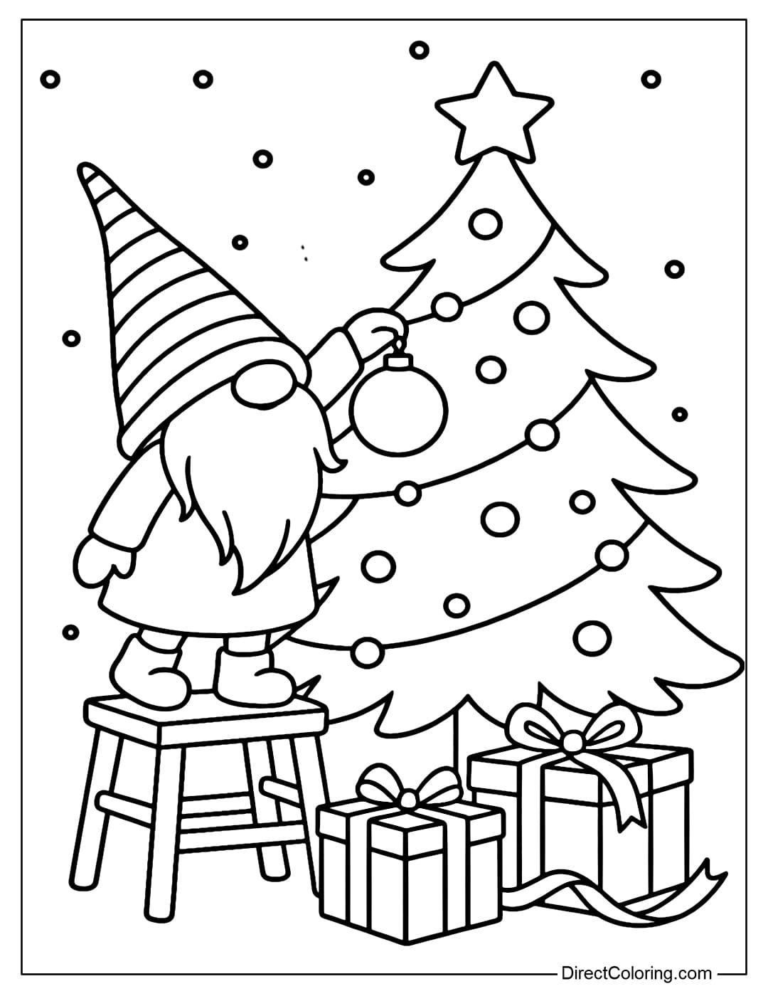 A coloring page of a gnome standing on a wooden chair decorated with a Christmas tree, with several gift boxes and ribbons under the tree.