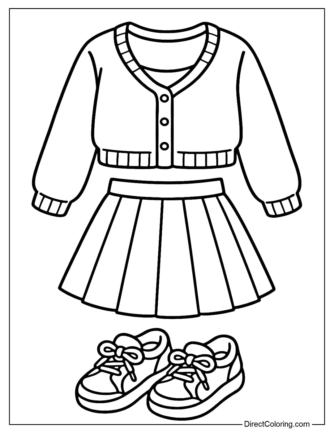 Fall Fashion Duo Coloring Page A color page for an outfit including a light crop top cardigan and a pleated A-line skirt, with rounded sneakers.