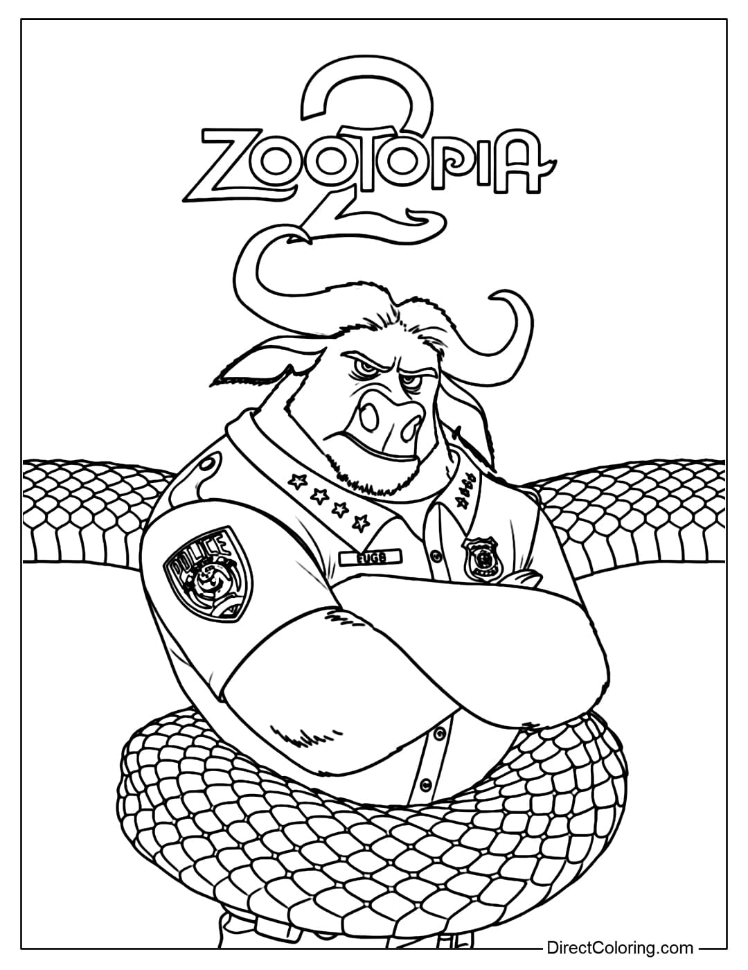 A coloring page of Chief Bogo with a muscular physique, serious eyes, and an authoritative crossed-arms pose.