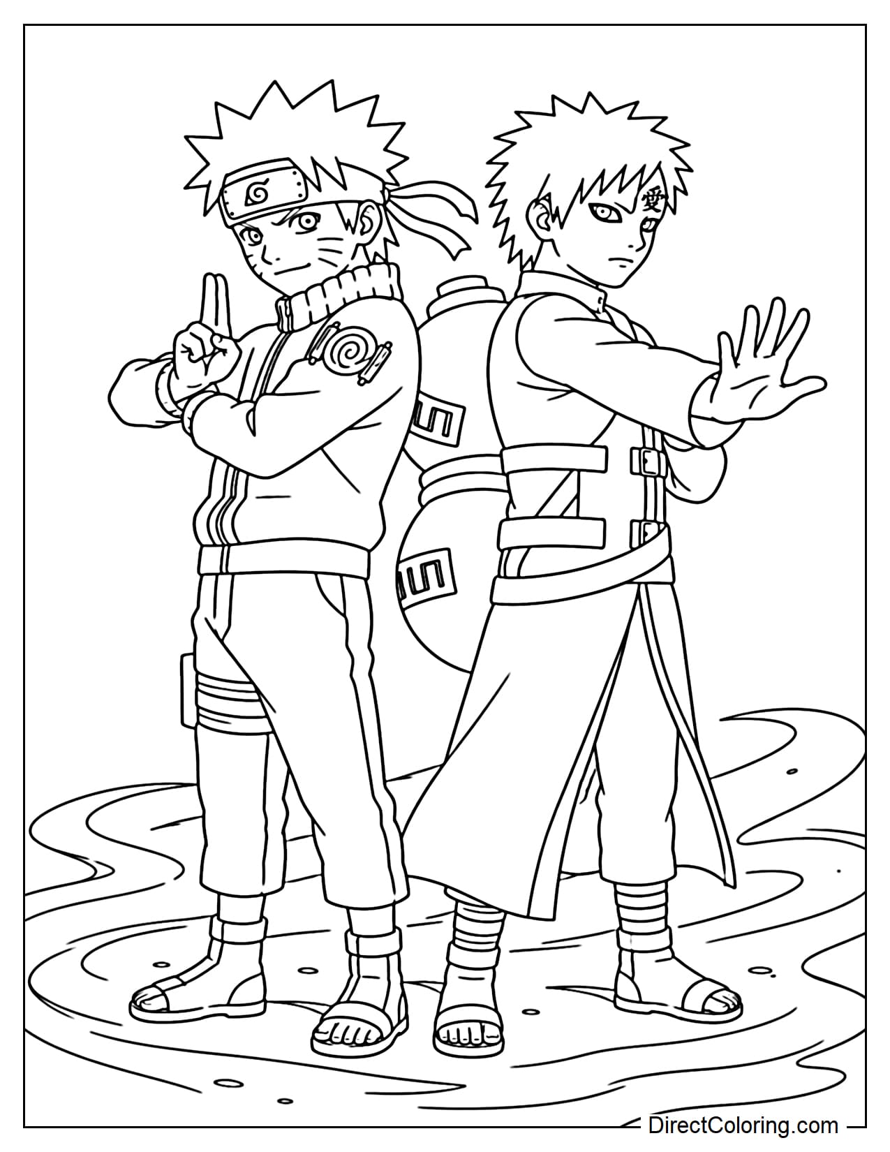Naruto and Gaara stand back-to-back, each striking a different pose, with sand beneath their feet.