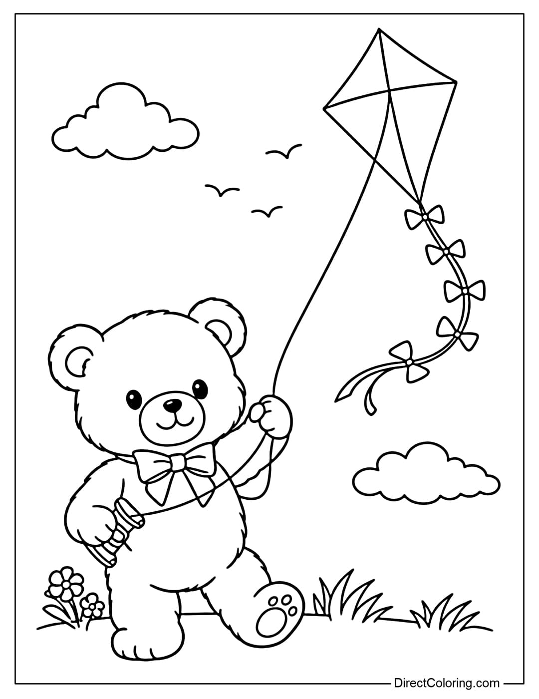 Coloring sheet featuring a teddy bear flying a kite.