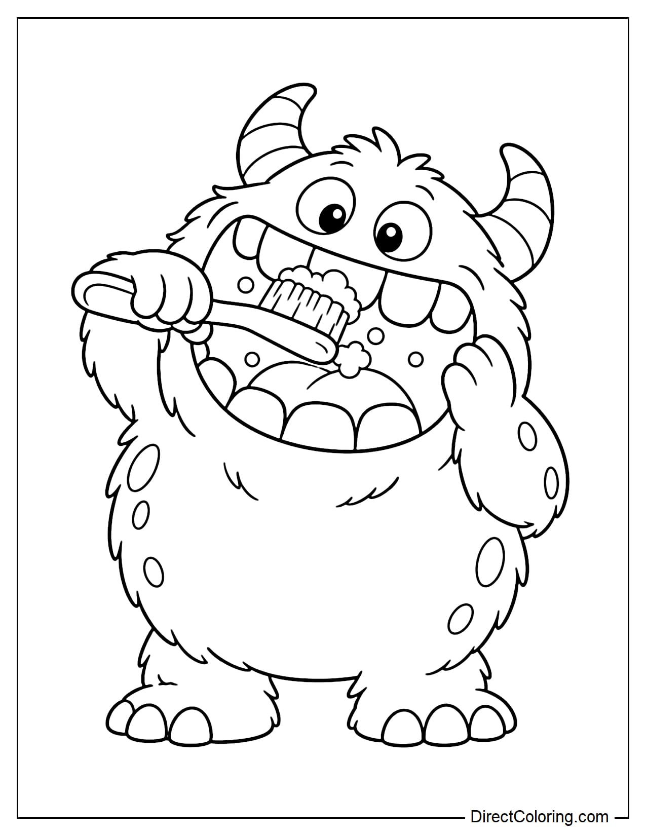 A wide-mouthed monster opens its mouth and brushes its large teeth with an oversized toothbrush.