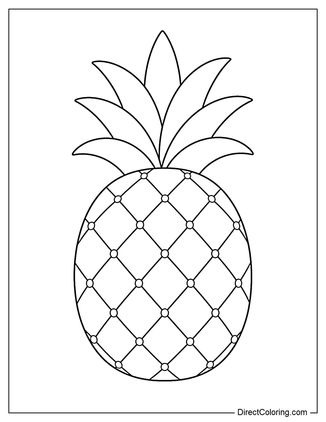 A large pineapple with its body divided into large, distinct geometric sections, leaves on top.