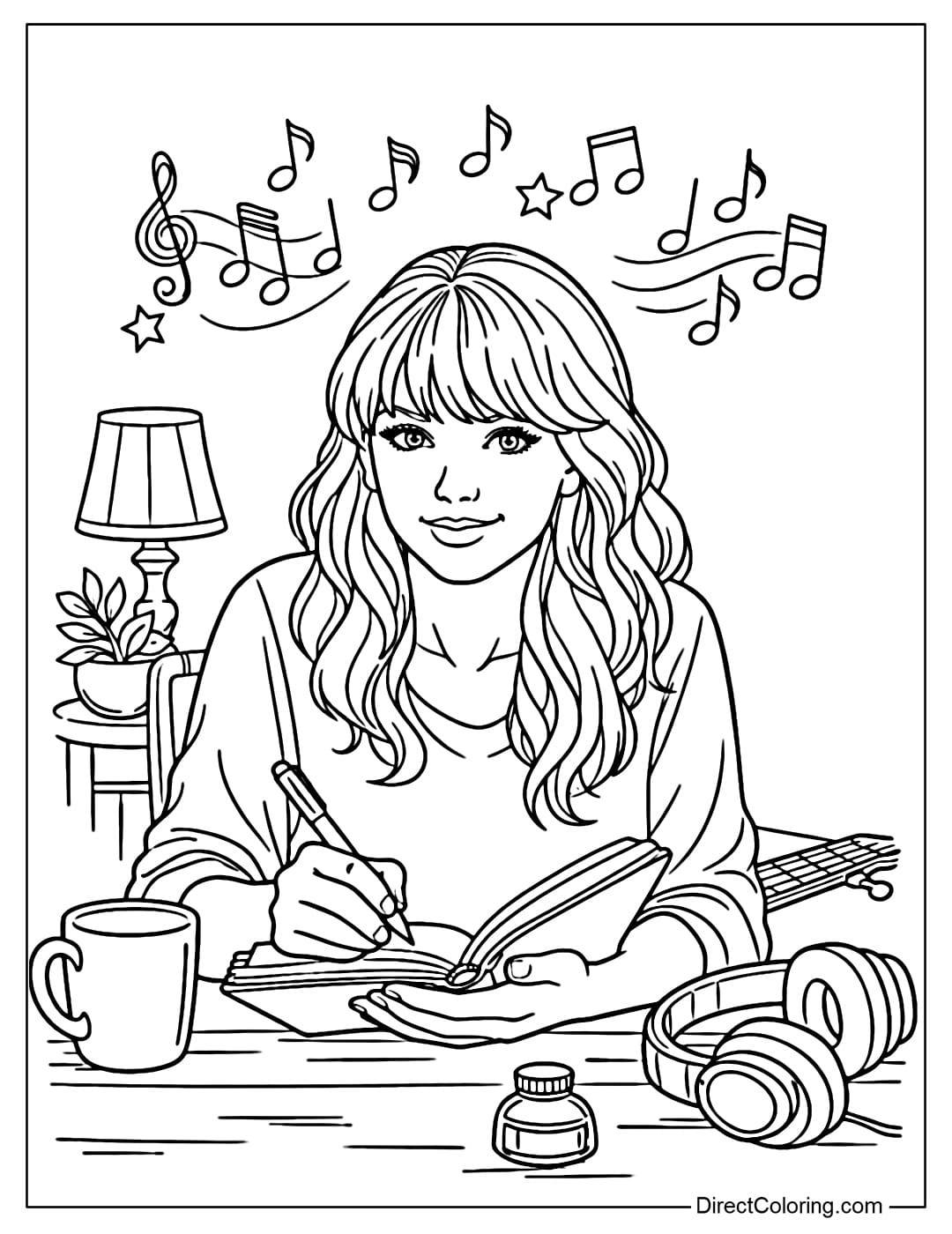 A coloring page of Taylor Swift sitting at a table writing music, holding a pen and notebook, with musical notes floating above.