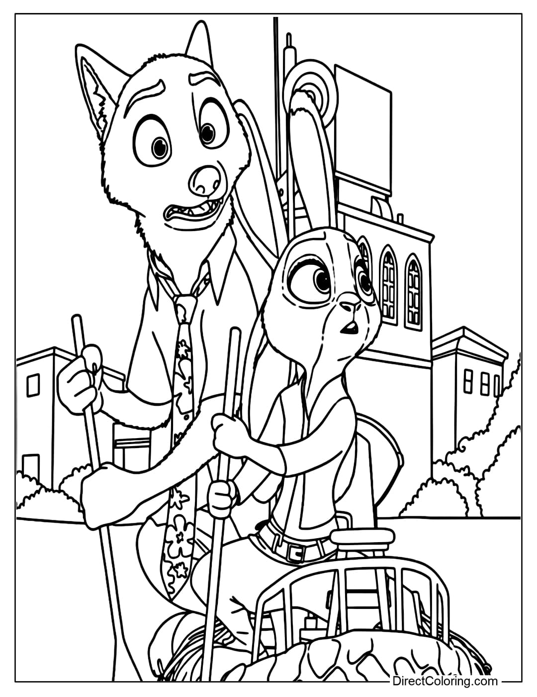 A coloring page of Nick and Judy rowing a boat on the water, both looking surprised and wary.