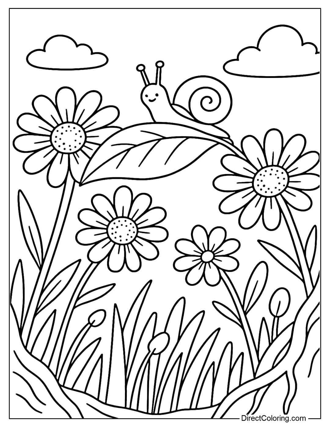 Coloring page from the wild flower garden looking up, the grass and petals near the eye are big and clear. On a big leaf is a small snail wearing a cute spiral shell.