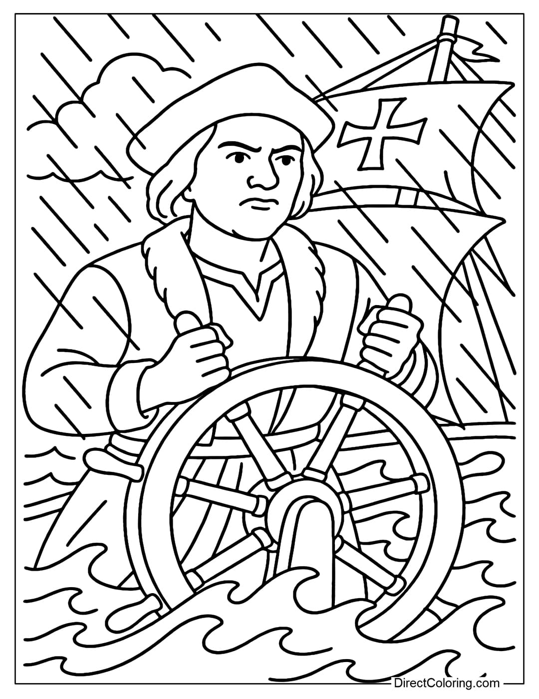 Coloring page Columbus holding a large wooden steering wheel, steering the ship in the storm.