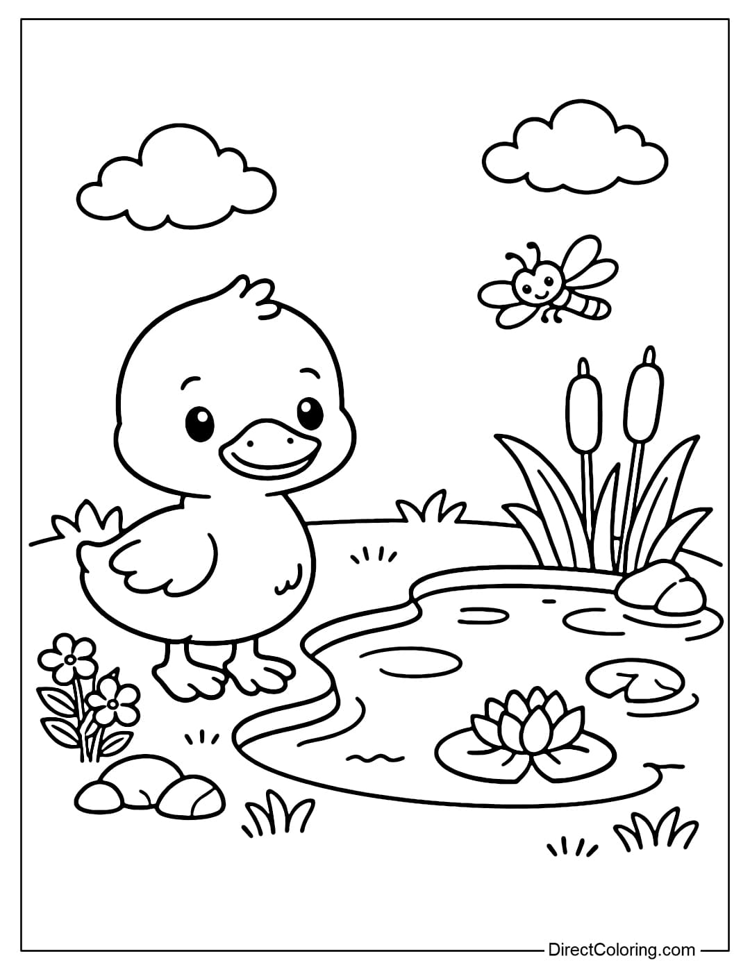 A coloring page of a duck standing by a small pond with some simple water lines.