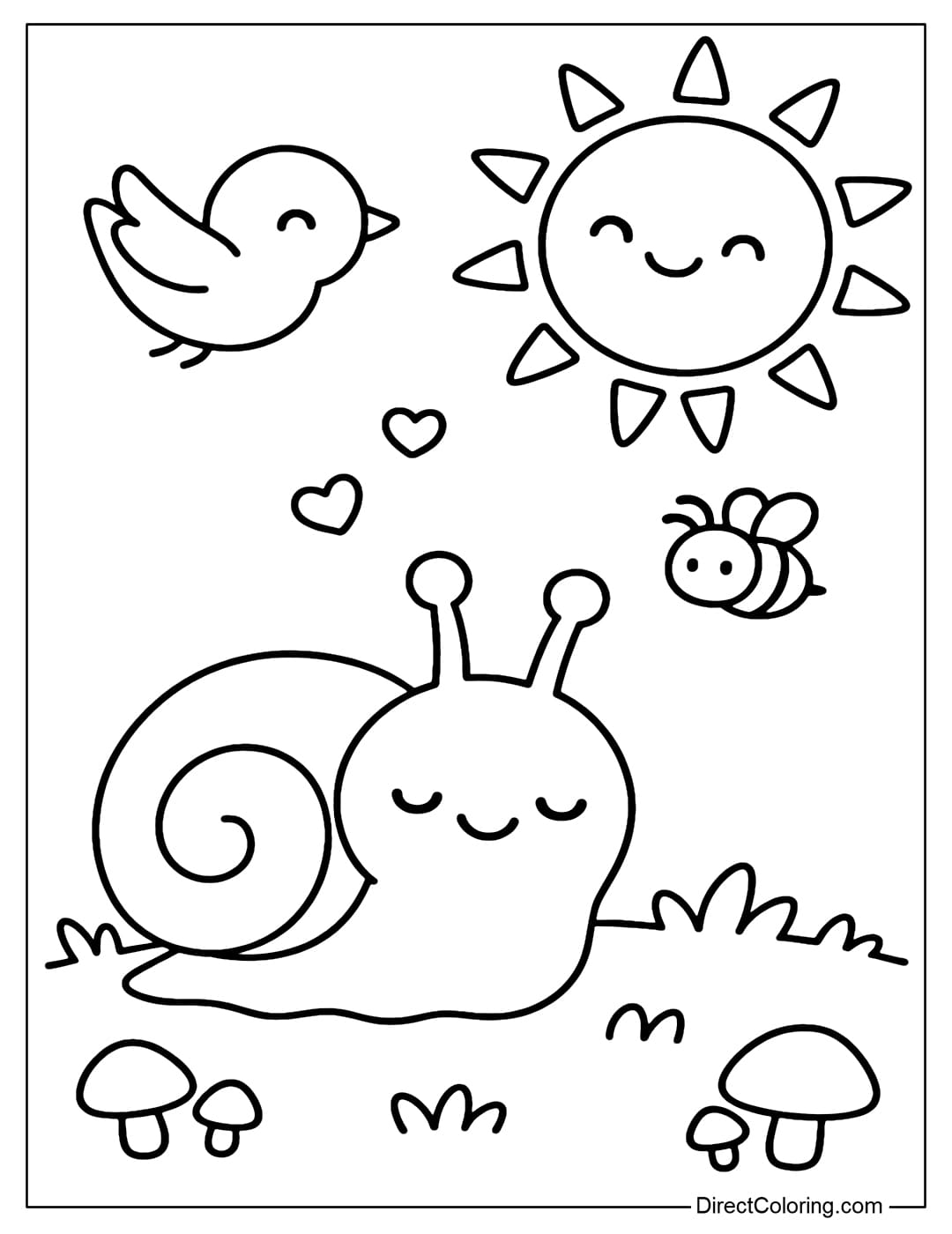 Coloring page The snail is lying on the grass, in the distance is the sun, next to it are small sparrows and bees.