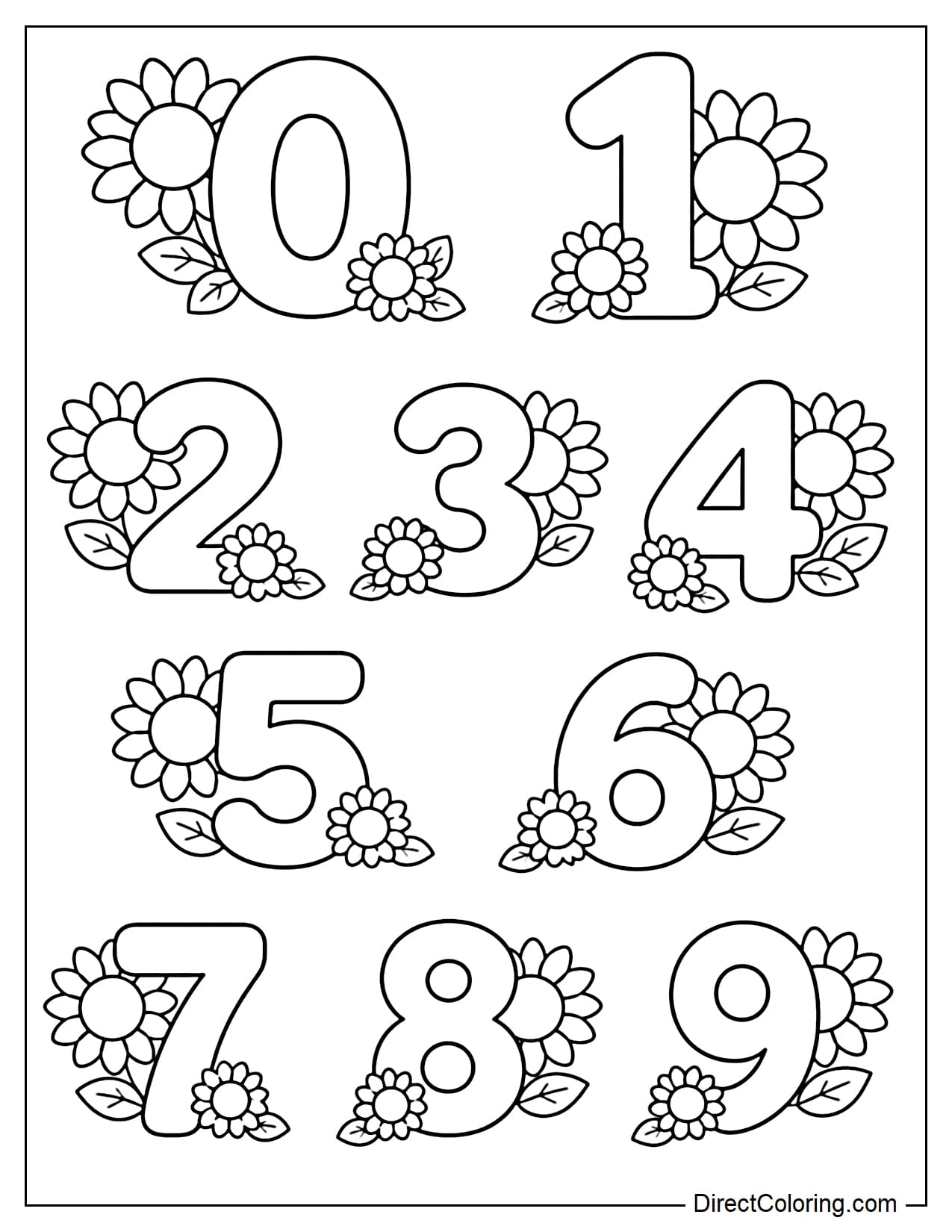 All numbers from 0 to 9 are clearly displayed, each decorated with a simple sunflower peeking out from behind one side of the number, combined with a smaller sunflower in front of the number's base and a few rounded leaves interspersed.