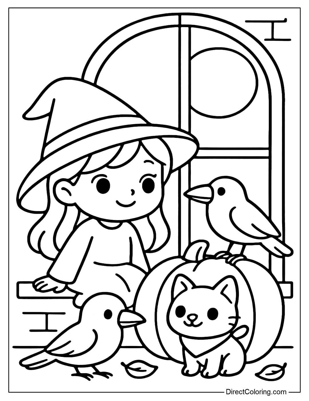 A witch sitting on a windowsill in the house, with a friendly crow next to her.