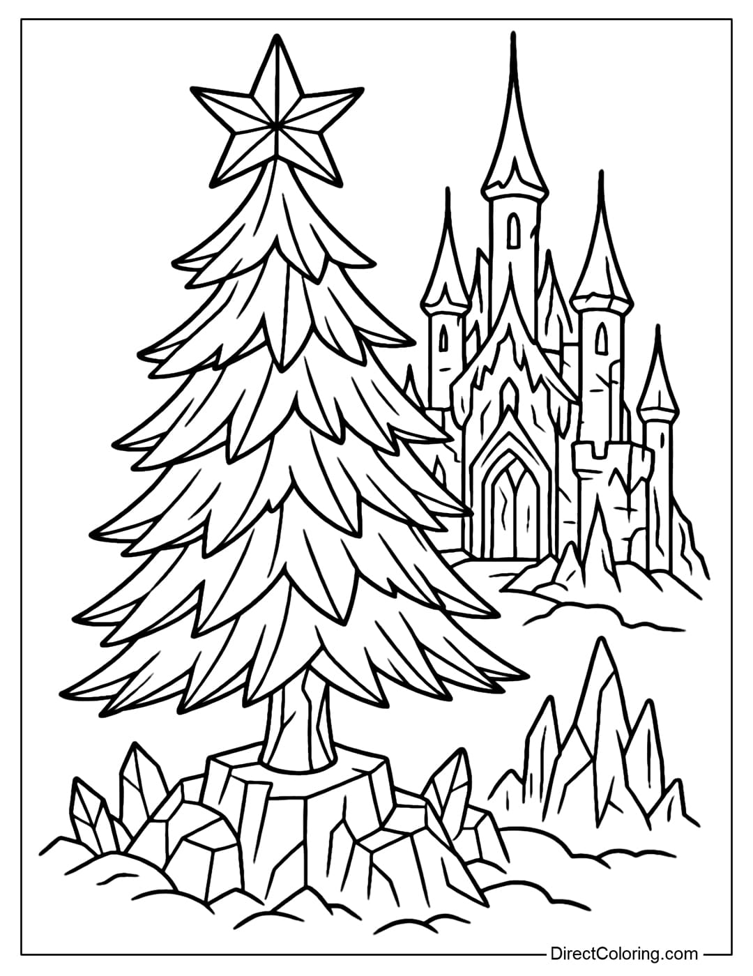 Coloring page of a pine tree made of ice, placed in front of a sparkling snow castle.