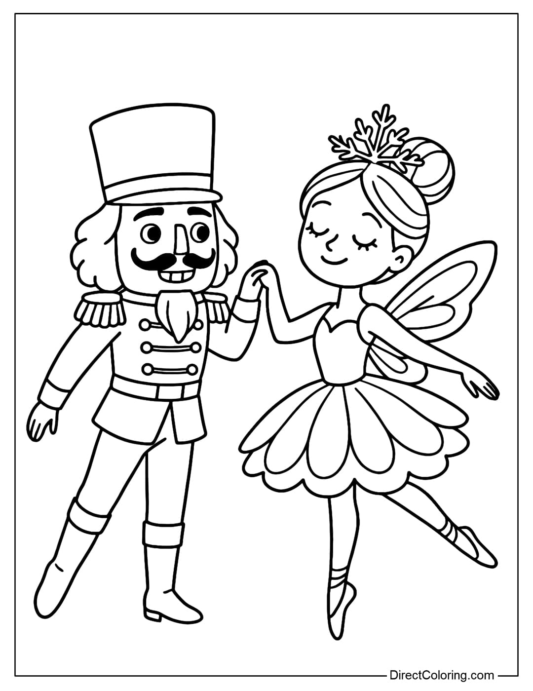 Coloring page of a Nutcracker with a dancing snowflake fairy.
