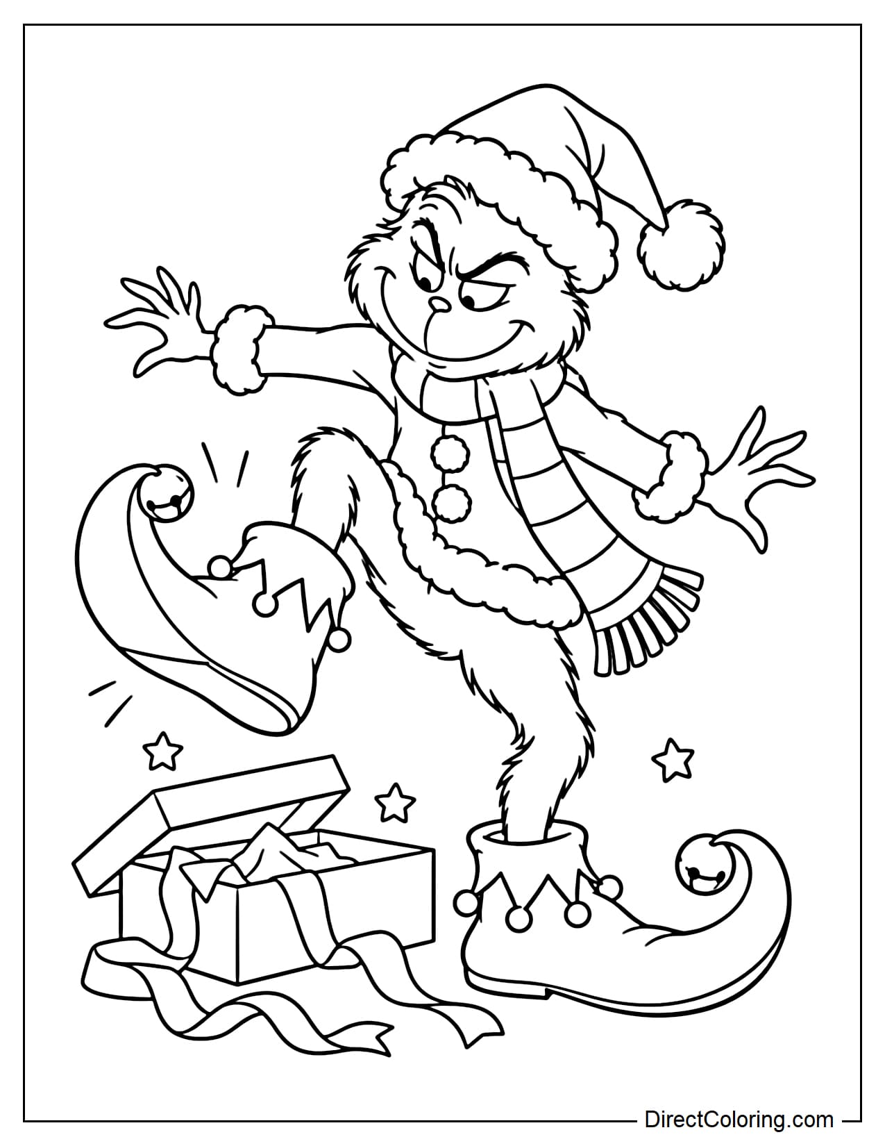 Grinch wears a Christmas outfit and wobbles while trying on giant elf shoes with curled toes and little bells, lifting one foot and spreading his arms to keep his balance.