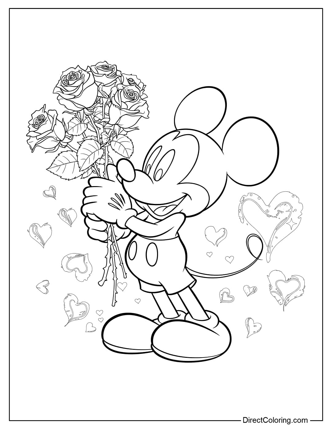 A cute Mickey Mouse coloring page featuring him hugging a large bouquet of roses, surrounded by romantic flying hearts.