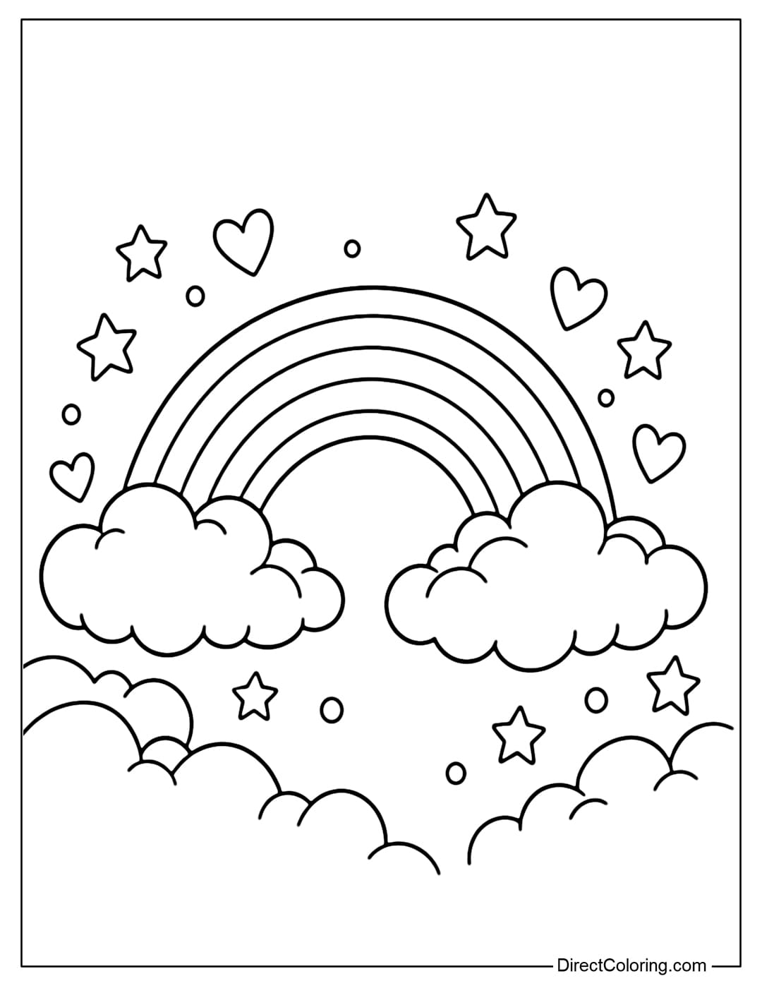 A coloring page of a rainbow flying above fluffy clouds, surrounded by small stars and hearts.