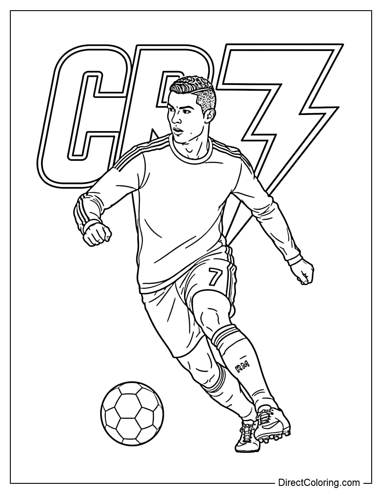 Cristiano Ronaldo is striking an action pose with a ball, in a decisive stance preparing to shoot, with the letters CR7 prominently displayed in the background.