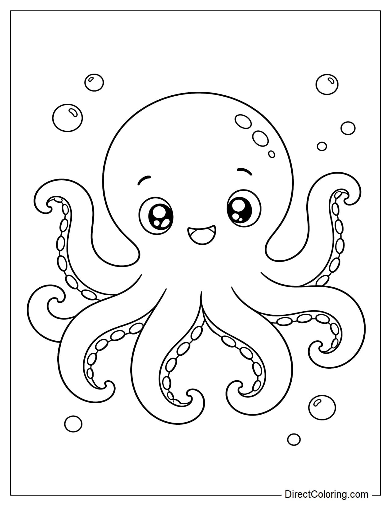An octopus with a large, round head and prominent tentacles, surrounded by bubbles.