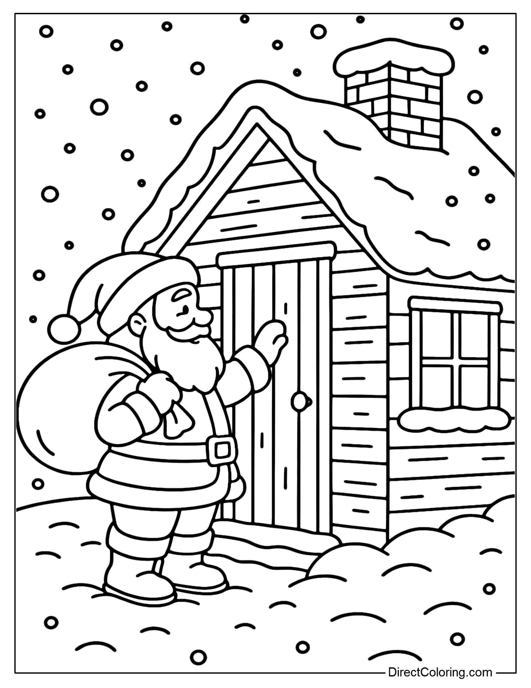 Santa Knocking at the Door Coloring Page Coloring page Santa knocking on the door of a small house in the snow, carrying a big bag of gifts.